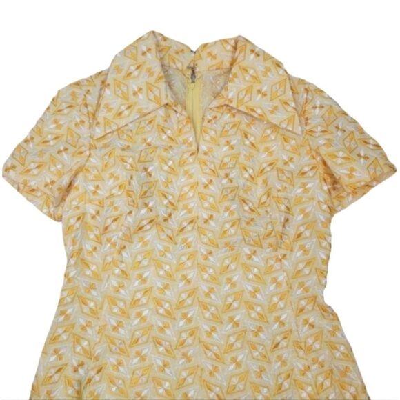 NEW Vintage Handcrafted 60's 70's Geometric Embroidered Yellow Mod Dress Size M - Picture 9 of 13